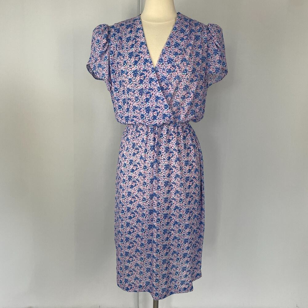 Vintage Midi Dress Size Medium Purple Ditsy Floral Puff Sleeve Cottage Feminine